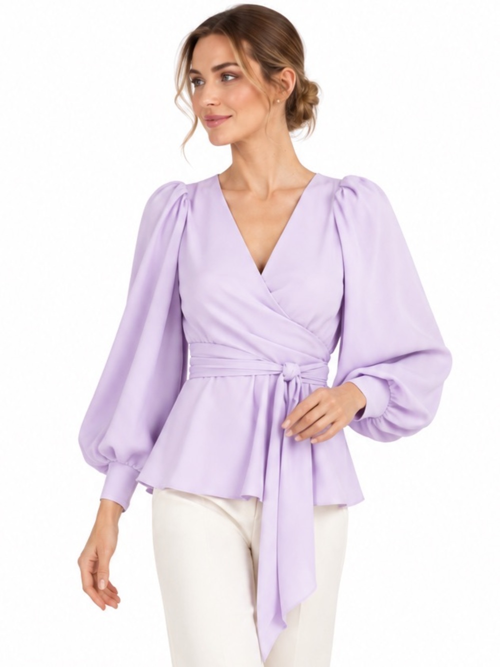 Trina Turk Aquatic Wrap Blouse Lavender Long Sleeve Tie Waist Small NEW Chic